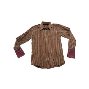 BCBG Attitude Shirt Mens Medium Slim Fit Brown Striped Contrast Cuff Long Sleeve